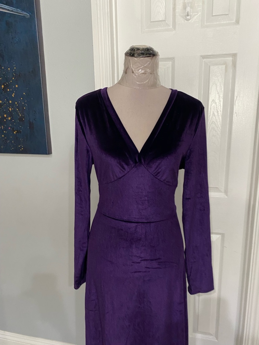 New Women XL Purple Velvet V-neck Stretchy Longsleeve Maxi Dress - Picture 6 of 8